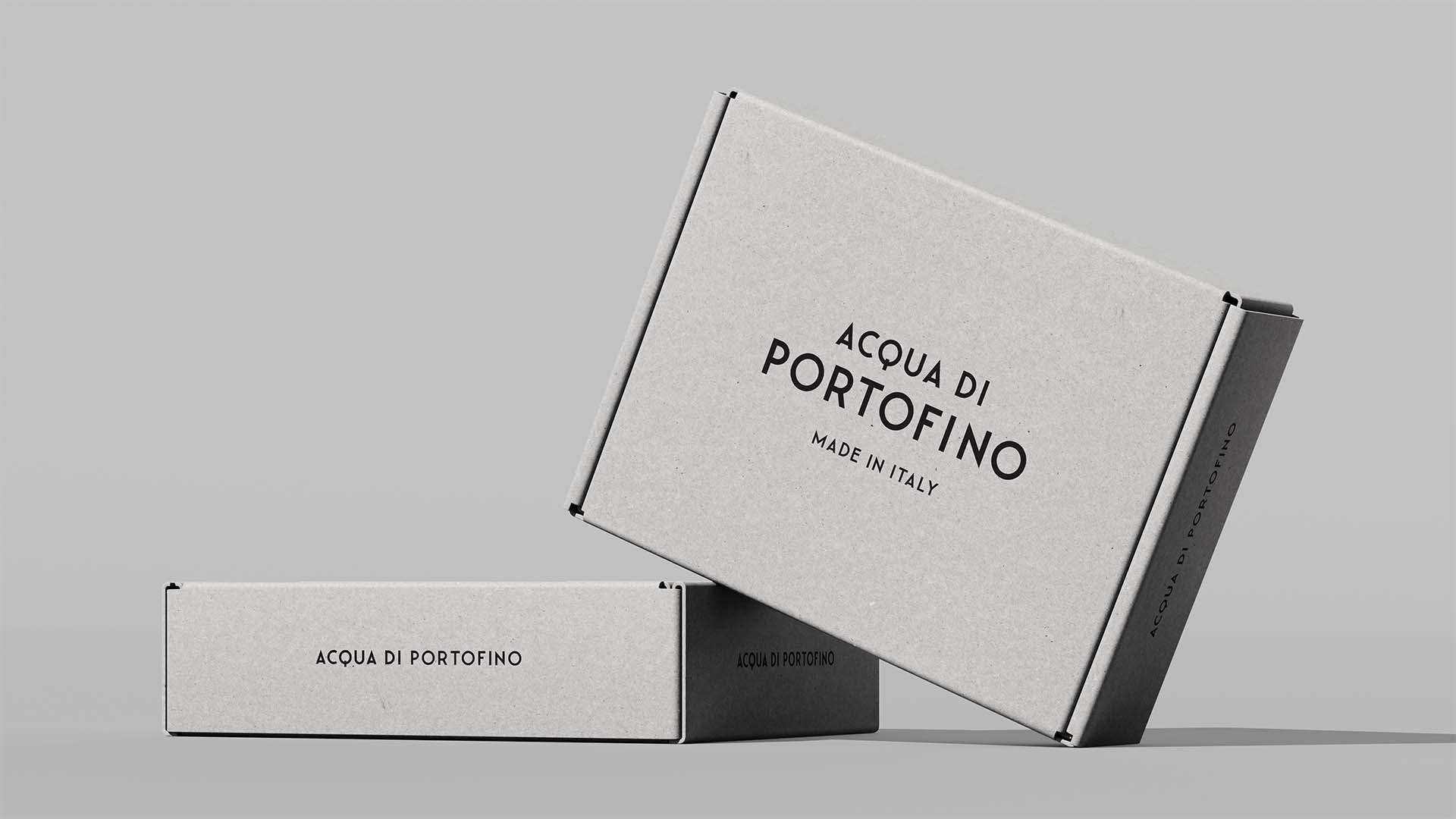 Custom printed corrugated e-commerce shipping cartons with black branding for Acqua di Portofino.