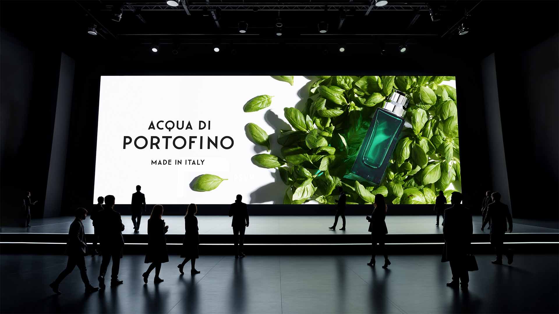 Large digital screen inside an event space displaying Acqua di Portofino campaign photography.