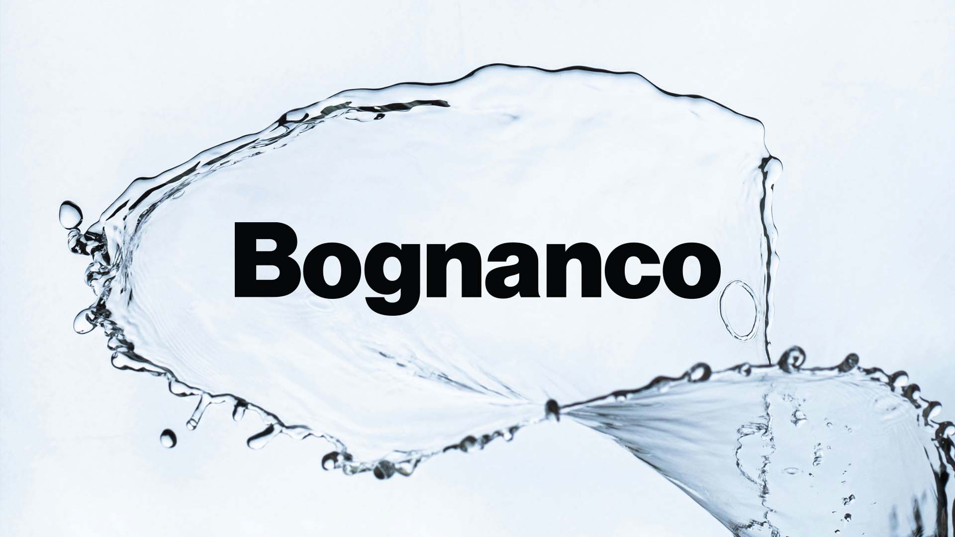 Circular water ripple enclosing the black Bognanco logotype against a clean white background.