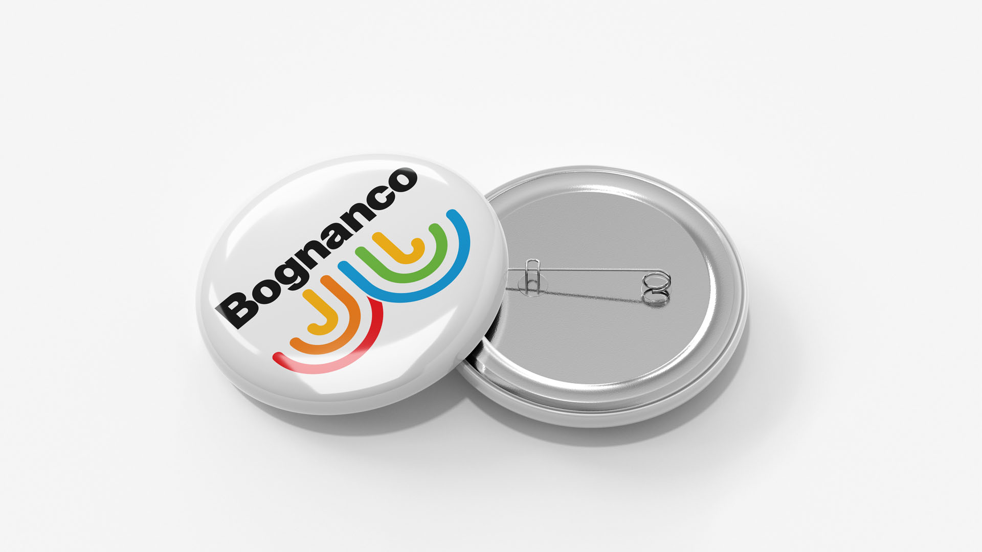 Glossy white pin-back button badge featuring the colorful Bognanco fountain arch graphic.